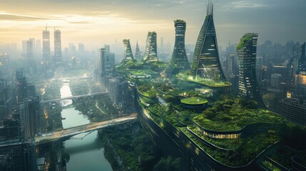 Futuristic Eco-City with Vertical Gardens and Sustainable Architecture in a Modern Urban Landscape
