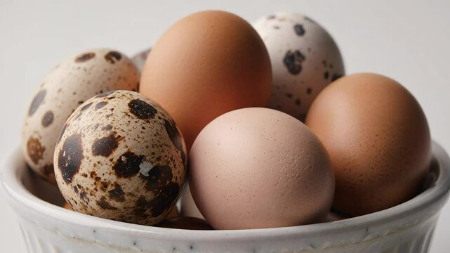 Assorted eggs in a bowl close up