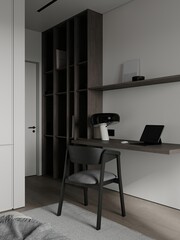 Corner of bedroom with grey, stone and wooden walls, concrete floor, master bed and dark home office area with table and laptop. 3d rendering
