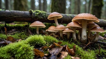 Fototapeta premium Forest floor mushrooms in moss (1)