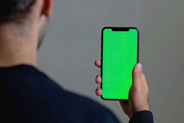 Digital Mockup Over a Shoulder of a Man Holding an Smartphone with an Entirely Green Screen