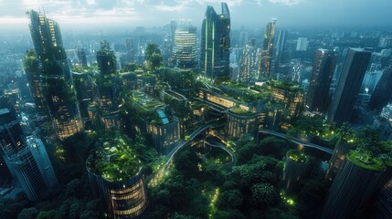 Obraz premium Futuristic Urban Landscape with Lush Greenery and Innovative Skyscrapers Under a Dusk Sky