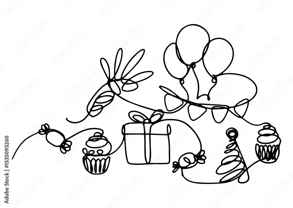 Poster illustration with a set of items for organizing a celebration, hand-drawn with one continuous line i