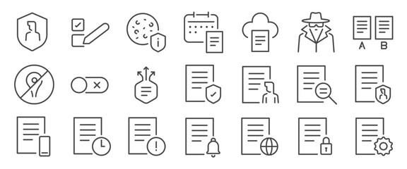 Privacy policy icon set. It included user, file, document, terms, consent, and more icons. Editable Vector Stroke.