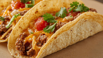 Delicious crunchy tacos with ground beef, cheese, tomatoes, and cilantro