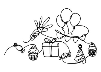 Illustration with a set of items for organizing a celebration, hand-drawn with one continuous line in linear art style.