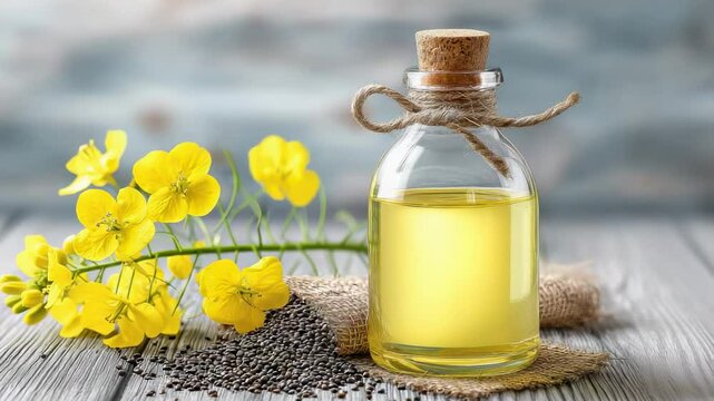 Discovering the benefits of mustard oil with flowers and seeds showcased on a wooden table