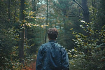 High Quality Image of Rear View of Man Walking at Forest