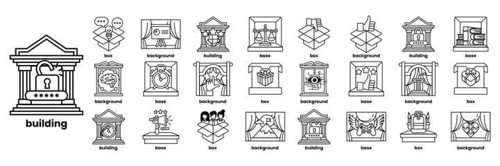 A series of images with a key on the left and a building on the right