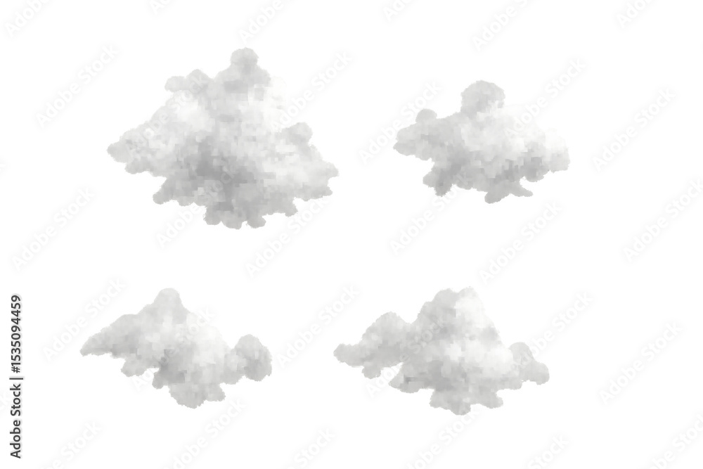 Poster four white cumulus clouds floating on a transparent background, perfect for photo editing and compos