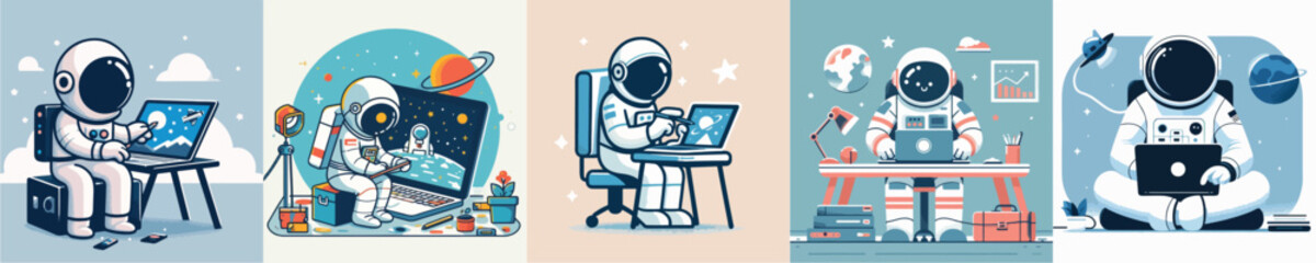 vector image of an astronaut sitting and playing on a laptop