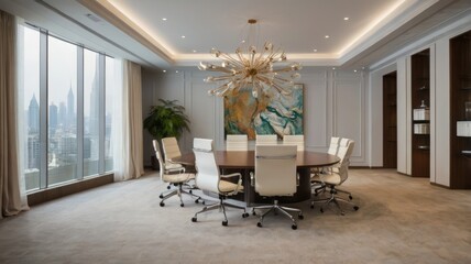Fototapeta premium Modern executive boardroom with panoramic city view
