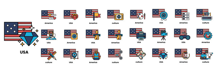 Set of illustrations in the concept of American flags and things in line art style