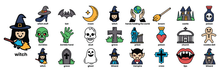 Obraz premium A collection of Halloween icons including witches, ghosts, vampires, and skulls