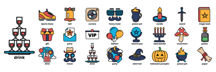 A collection of icons for various occasions, including a wine glass, a book