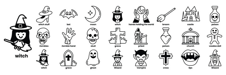 A collection of Halloween themed icons including witches, skeletons, and skulls