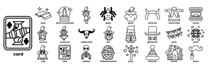 A black and white image of a variety of Halloween themed characters