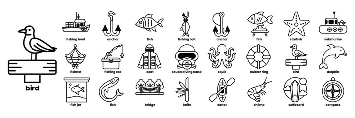 A collection of various sea creatures and objects, including a bird, fish