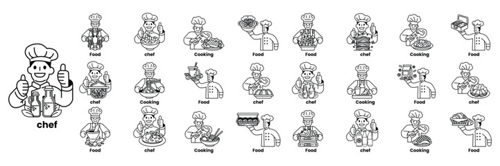 Set of illustrations in the concept of Chef and Food in line art style