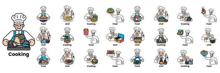 Set of illustrations in the concept of Chef and Food in line art style