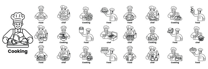 Set of illustrations in the concept of Chef and Food in line art style