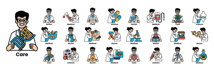 Set of illustrations in the concept of Doctors and things in line art style