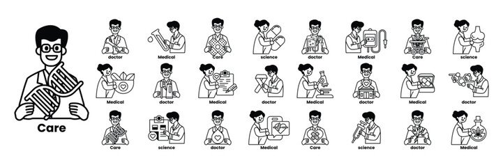 Set of illustrations in the concept of Doctors and things in line art style