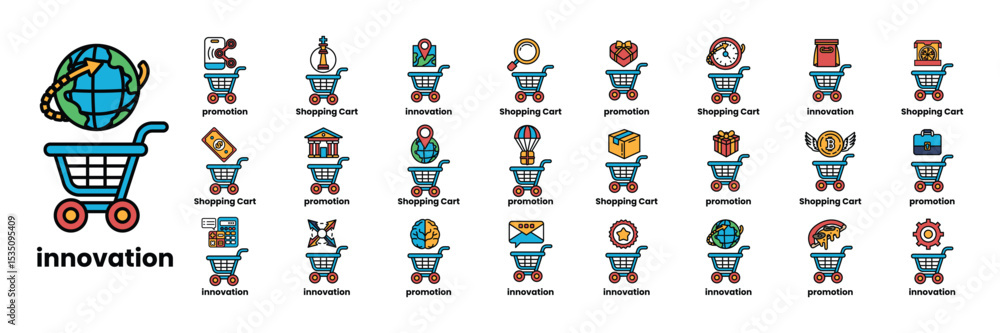Poster set of illustrations in the concept of carts and items in line art style