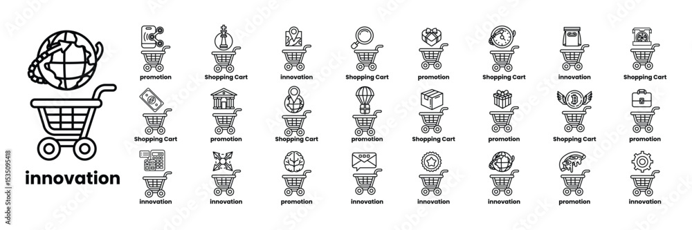 Fototapete set of illustrations in the concept of carts and items in line art style