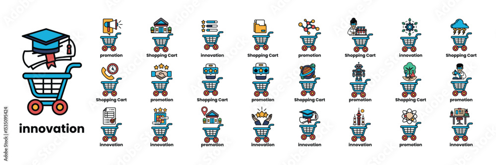 Poster set of illustrations in the concept of carts and items in line art style