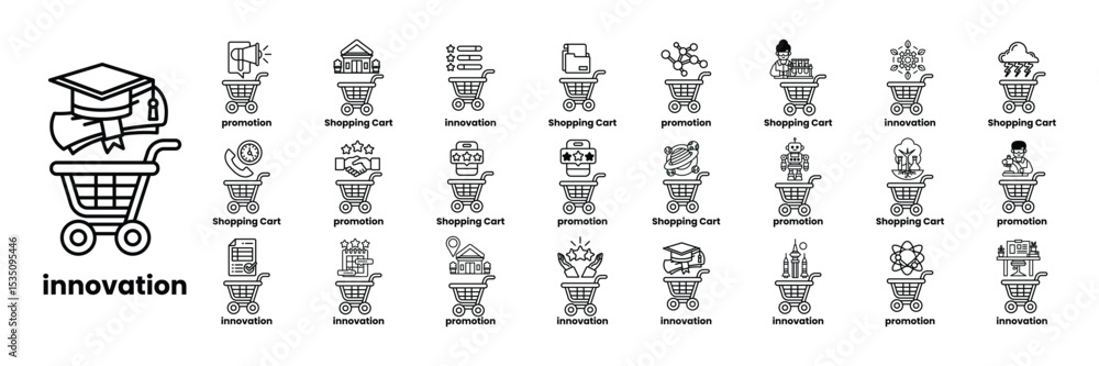 Poster set of illustrations in the concept of carts and items in line art style