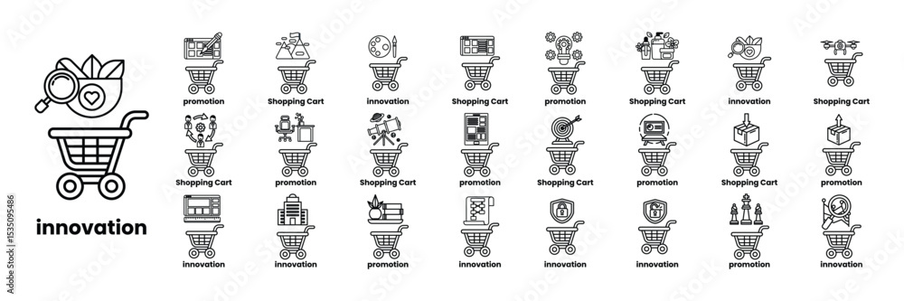 Poster set of illustrations in the concept of carts and items in line art style