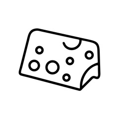 Outline drawing of a block of cheese with holes, showing a cut out piece, isolated on white background