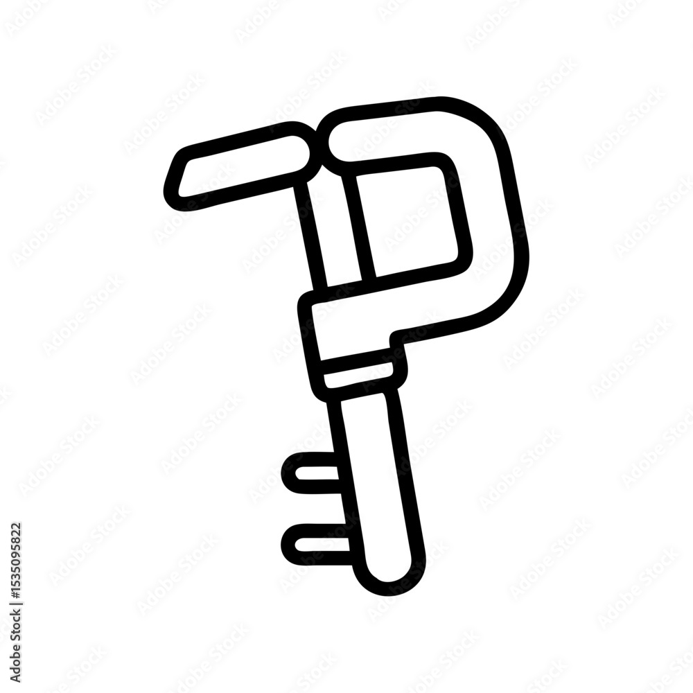 Poster a simple depiction of a metal clamp with a unique shape and a distinct handle design element shown