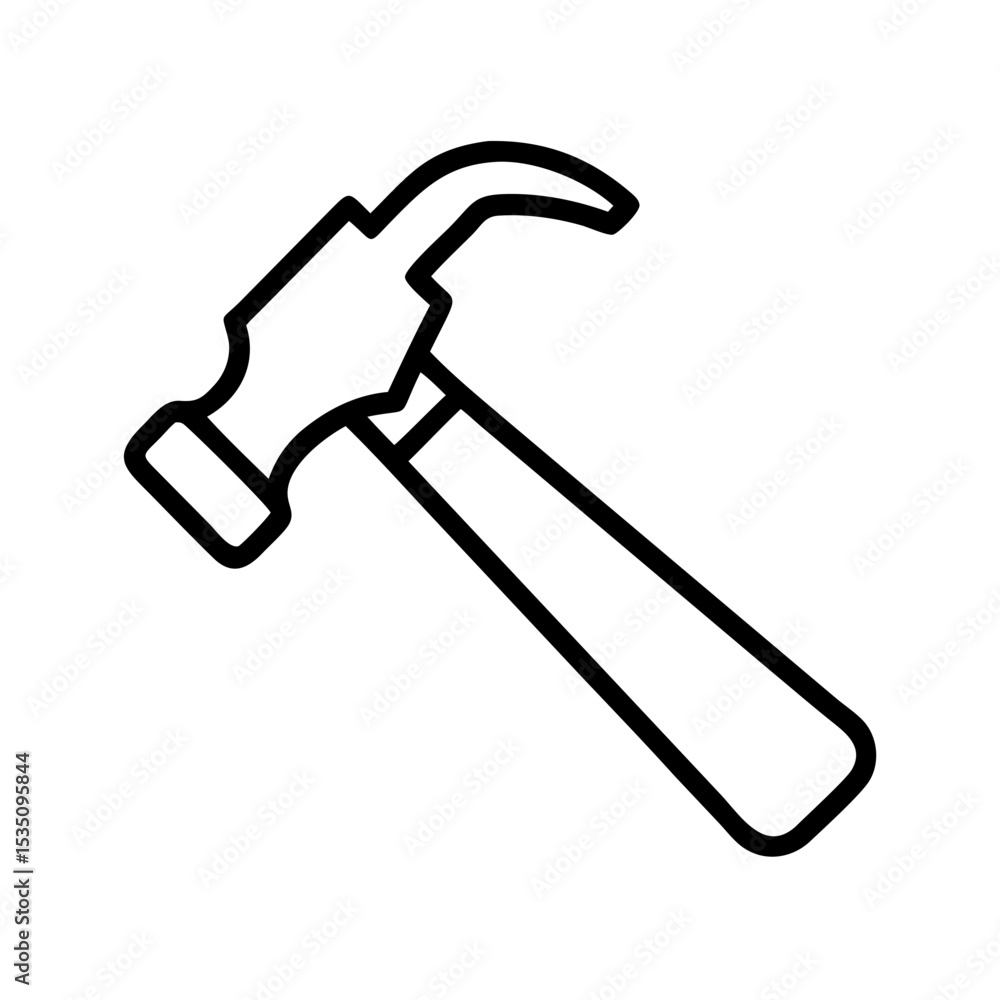 Poster a simple outline drawing of a black and white claw hammer with a wooden handle tool object design