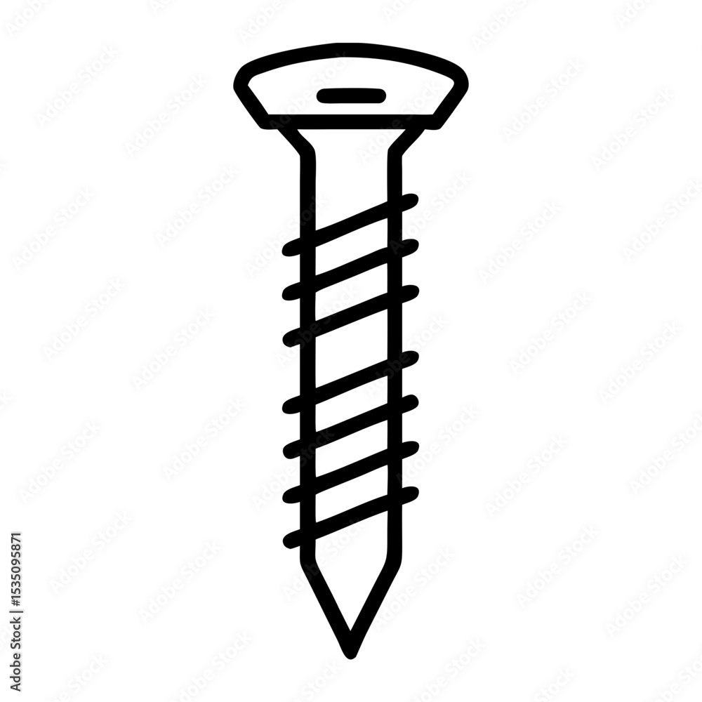 Poster a stylized depiction of a metal fastener with a pointed tip and helical thread outline drawing style