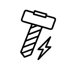 Outline drawing of a mallet striking a striped object with a lightning bolt nearby shown in black