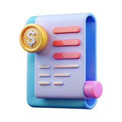 Colorful 3D Rendered Financial Receipt Icon Dollar Symbol Plastic Style isolated on a transparent background