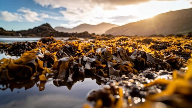 Seaweed and tidal pool at low tide with mountains and sky reflecting light on the water surface