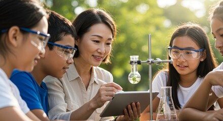 Outdoor science class with teacher and engaged students conducting experiments