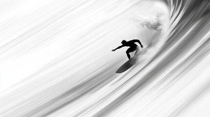 Surfer Riding a Powerful Wave in Dramatic Black and White Composition of Ocean Action