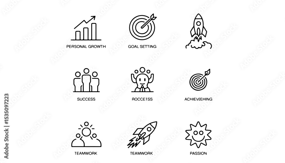 Poster a collection of simple line art icons depicting business concepts on a clean white background layout