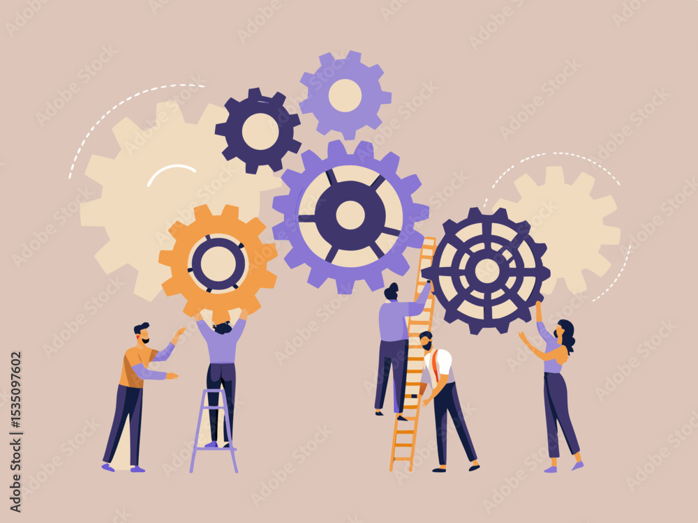 Poster teamwork and collaboration concept with people connecting gears illustrating business strategy and p