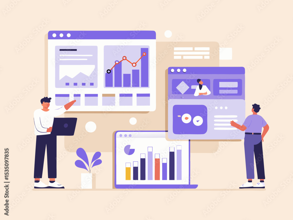 Poster business analytics and data visualization illustration with people analyzing charts and graphs on sc