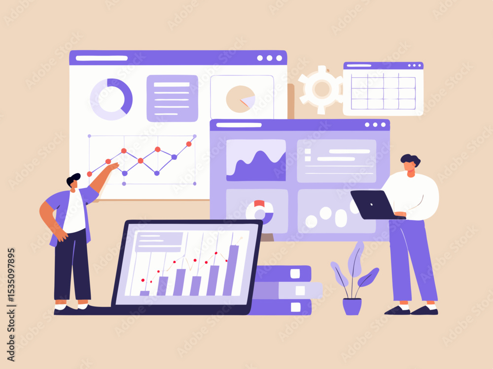Poster business data analysis and reporting with charts graphs and teamwork illustrating financial growth a