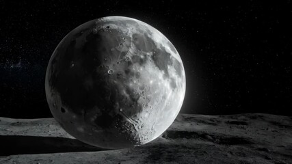 Close up view of a gray moon on a lunar surface with visible craters against a backdrop of stars for science and astrology concepts.
