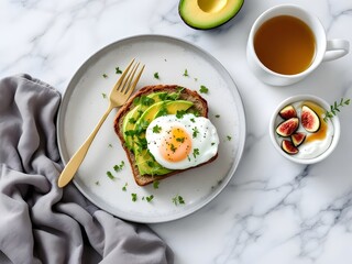 Healthy breakfast toast with avocado and fried egg