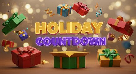 Festive holiday countdown with colorful gift boxes and confetti celebrating the joy of giving