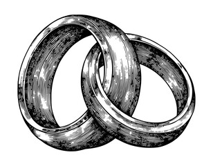 Intertwined wedding rings in engraving style in black and white representing marriage