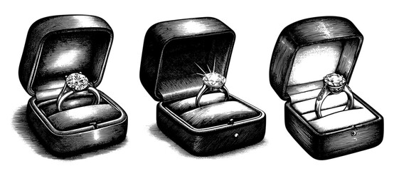 Engagement rings in boxes in vintage engraved style, black and white, representing proposal and marriage.